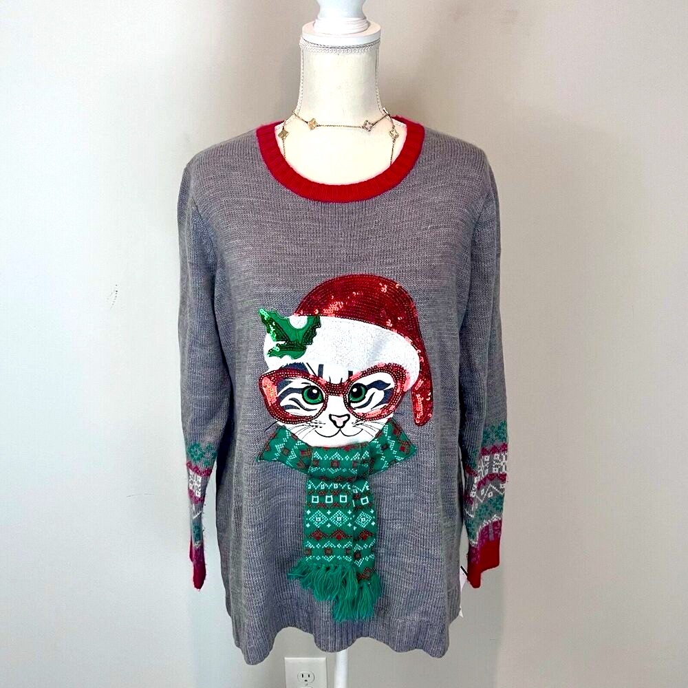 Christmas Sweater Womens Cat Kitten 1x Plus Size Gray Red Knit Christmas Sequins